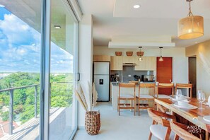 Lots of natural elements in the décor & a private balcony with fabulous views