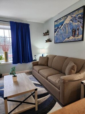 Main Living Room Features a Queen Pull Out Sofa, Smart TV, and New Decor