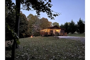 Your view of the cabin as you approach it from Hidden Meadows Trail.