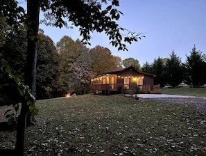 Your view of the cabin as you approach it from Hidden Meadows Trail.