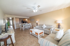 Your great room is furnished with a queen sized sofa sleeper and matching loveseat