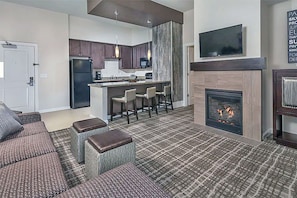 Sleeper sofa in the living room. Separate dining area.