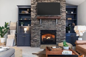 Huge stone fireplace in the living room