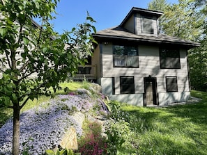 View of the house from the back yard. The rockery blooms with amazing colors.