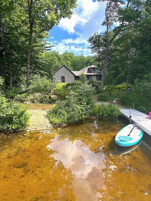 Our private mini beach, shallow lake entry and woden dock. The house in the back