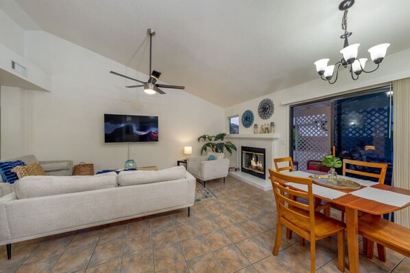 View of living room and dining area from kitchen