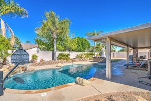 Extended awning provides cool shade on hot summer days.