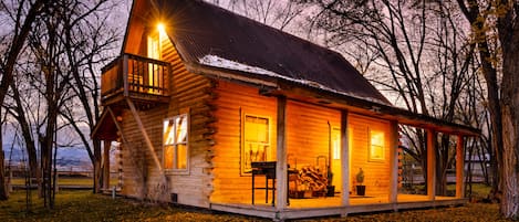 Two story log cabin. 