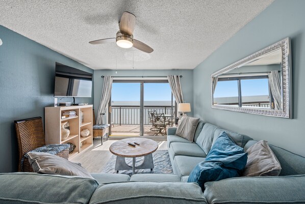 The ocean front living room is fabulous for movie night with the family.