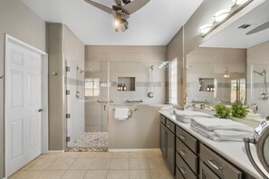 Master bathroom, extra large shower with 2 shower heads 