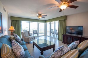 The open living room area features cable TV. 