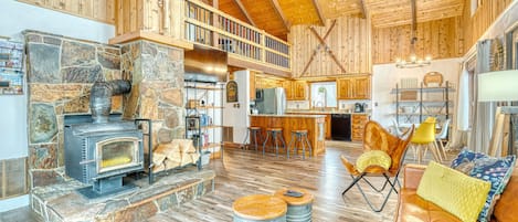 Cozy living room with wood burning fireplace