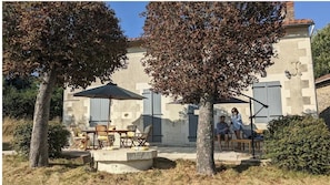 The view of the patio across the back of the house