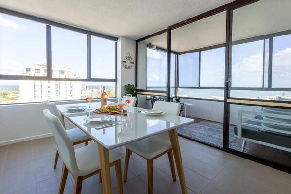 Wine and dine in style at the dining table.