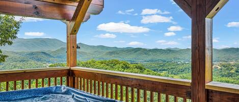 Breathtaking mountain views in every direction while you relax in the hot tub after a fun day of adventure.