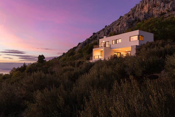 Nightly photo of villa and olive fields.