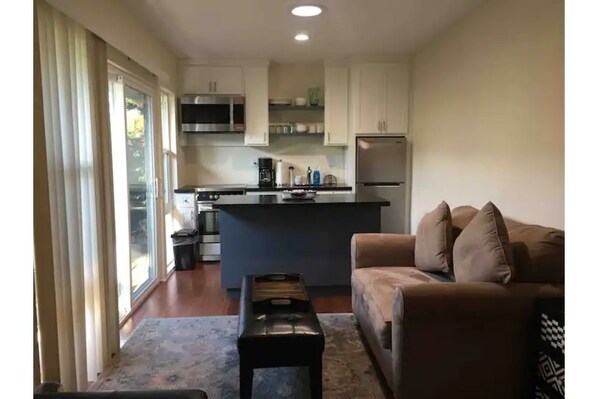 Kitchenette and seating area with a twin sofa bed