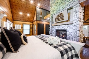 King bed, smart tv and fireplace