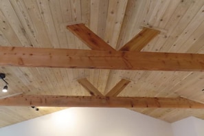 Bespoke feature beams and a larch-clad ceiling add ambience and character.