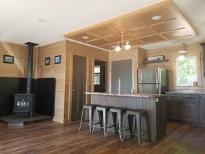 Kitchen, wood stove, first floor bathroom