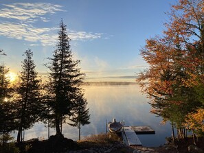 Private shoreline, dock, float, beautiful fall morning, coffee on the balcony