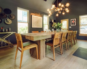 Reclaimed wood dining table seats 12
