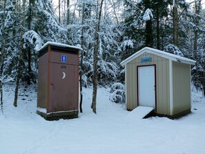 Outhouse w/toilet and shed for trash storage, outdoor games, etc.