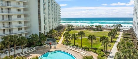 The south pool has a hot tub and is located next to the beach