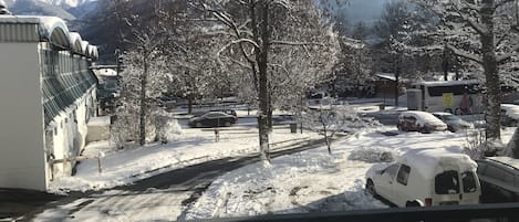 View from the balcony , showing the Ice rink and Car Park and mountain View .