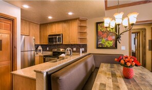 Not dining out? Enjoy full kitchen cooking and space for eating or relaxing.