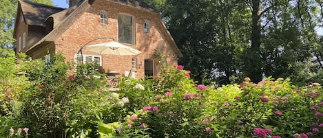 Blick aus dem Garten auf Maisonettewohnung mit Dachterasse