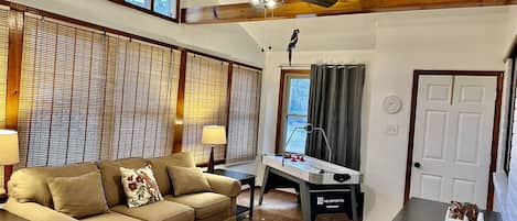 Lots of natural lighting in Sunroom with Air hockey, TV, board games and books 