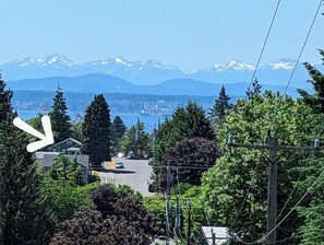 View of the house showing the nearby Puget Sound and Olympic Mountains.