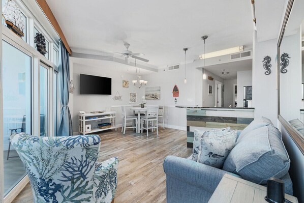 This living area is the perfect place to gather and plan your day’s adventures or come together in the evening to share laughs and highlights from your day.