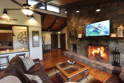 Living room with a wood burning fireplace