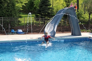 Slide, basketball hoop, deck jets, sports pool depth (NO DIVING HEADFIRST)
