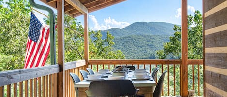 Enjoy dining al fresco with a view of the Blue Ridge Mtns.