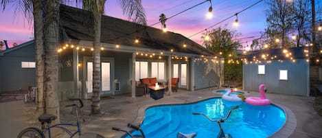 Beaitiful Patio Under String Lights, Fire Pit