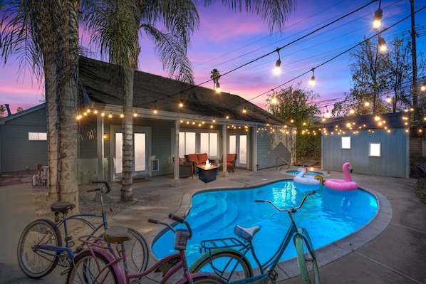 Beaitiful Patio Under String Lights, Fire Pit