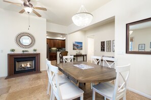 Dining Table can expand to fit more . Gas fireplace is operated via wall-switch.