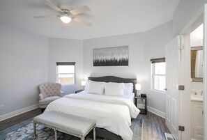 First Floor: Bedroom 1 King Bed, Full ensuite Bathroom + Smart TV