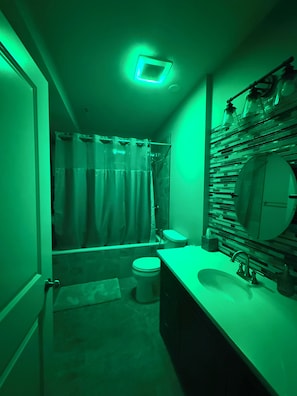 Bathroom with Bluetooth controlled light and fan for fun shower experience 