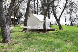 Hammock and patio outside tent