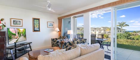 The living room connects to the outdoor lanai.