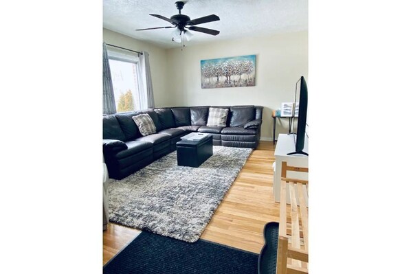 hardwood floors, leather sofa and chair, Big Windows, 55" TV with premium cable.