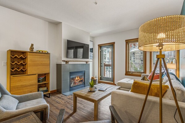 Large living with gas fireplace