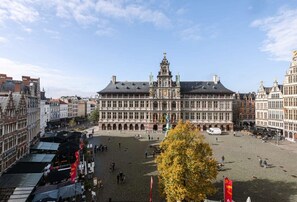 The property's window affords guests a beautiful view of the historic Grand Market of Antwerp.