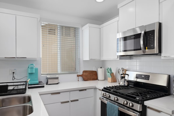 Coffee maker, toaster, stove, microwave