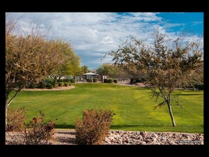 Open green belt with children's play equipment right out our front door