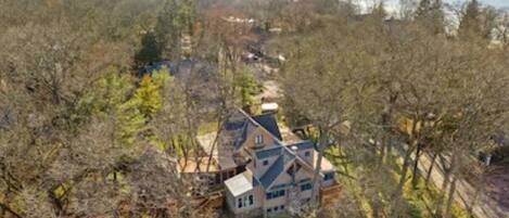 Aerial view of the spacious home. One block from Lake Michigan. 